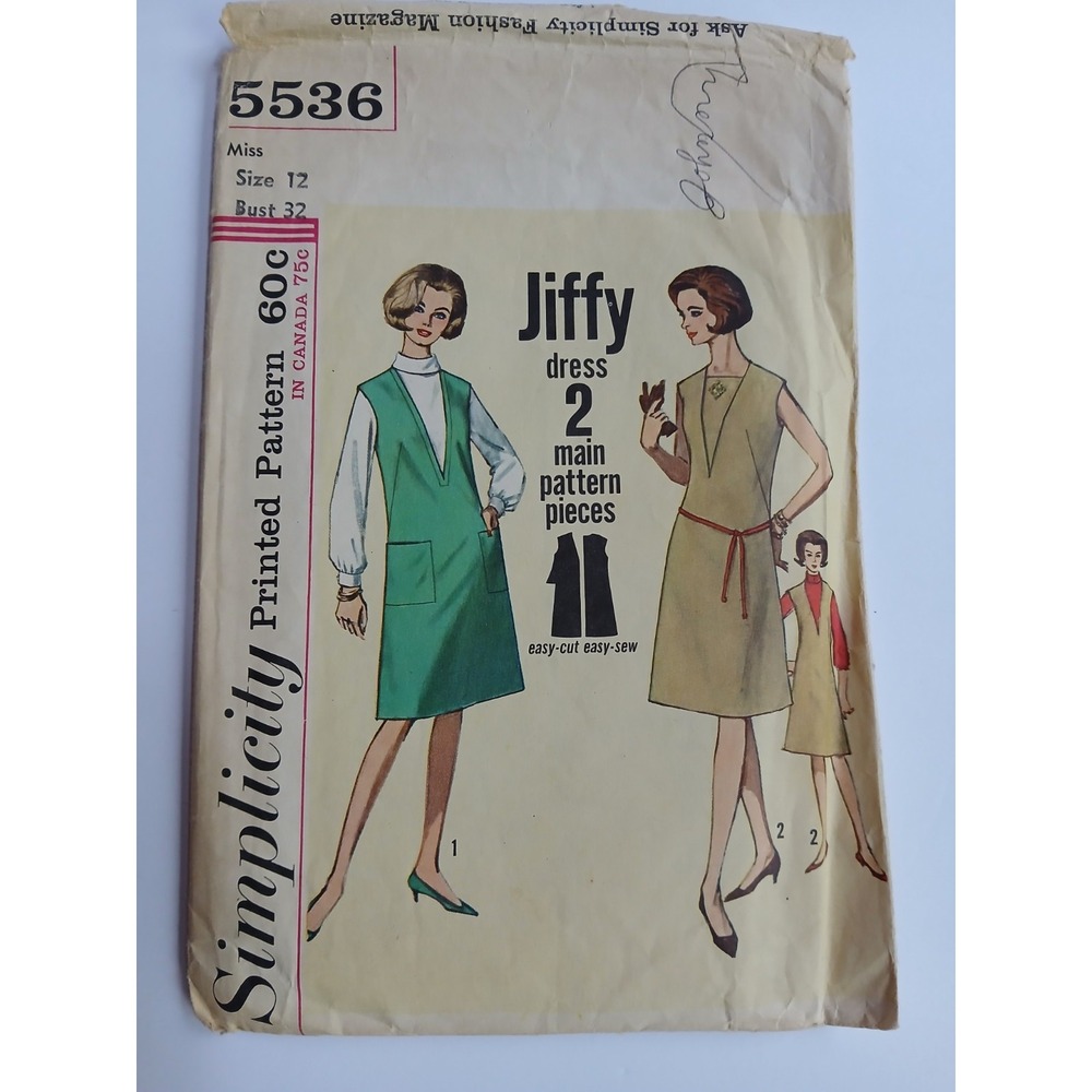 Vintage 1964 Simplicity 5536 Jiffy One-Piece Dress Jumper Sewing Pattern Size 12